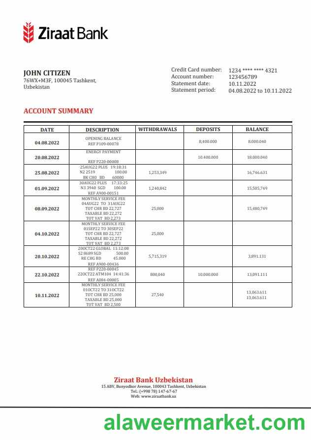 Uzbekistan Ziraat Bank statement
